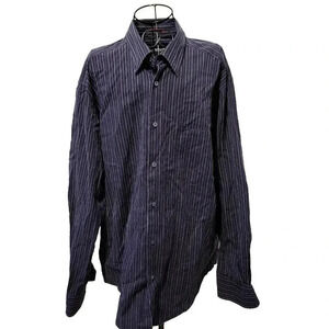 Bugatchi Uomo Shirt XL Men's Classic Navy Blue Stitched Pinstripe Long Sleeve